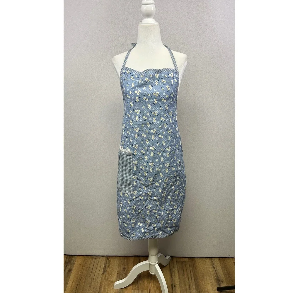 Cottagecore Franco Women OS Blue Floral Gingham‎ Lace Trim Cotton Bib Apron